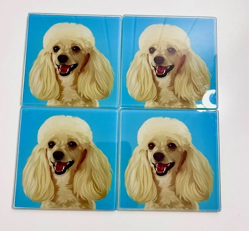 SET OF 4 POODLE COASTERS Glass Printed 4” Square